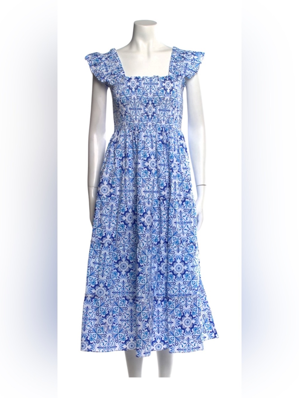 Hill House Home Blue Tile Print Smocked Midi Dress – Size Medium - Picture 7 of 16